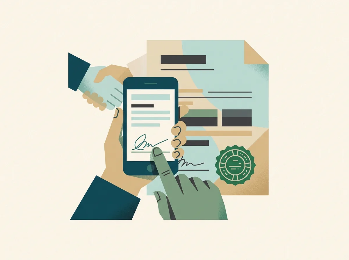 Ilustração de uma mão assinando um contrato no celular, com um selo verde