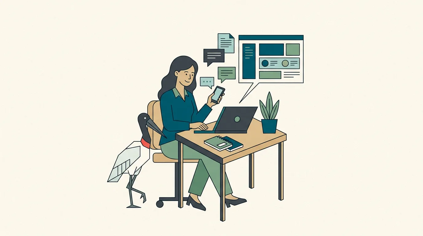 Ilustração de um escritório contábil com o tuiuiú, mascote do Tuiu, e mensagens indo do celular para o computador