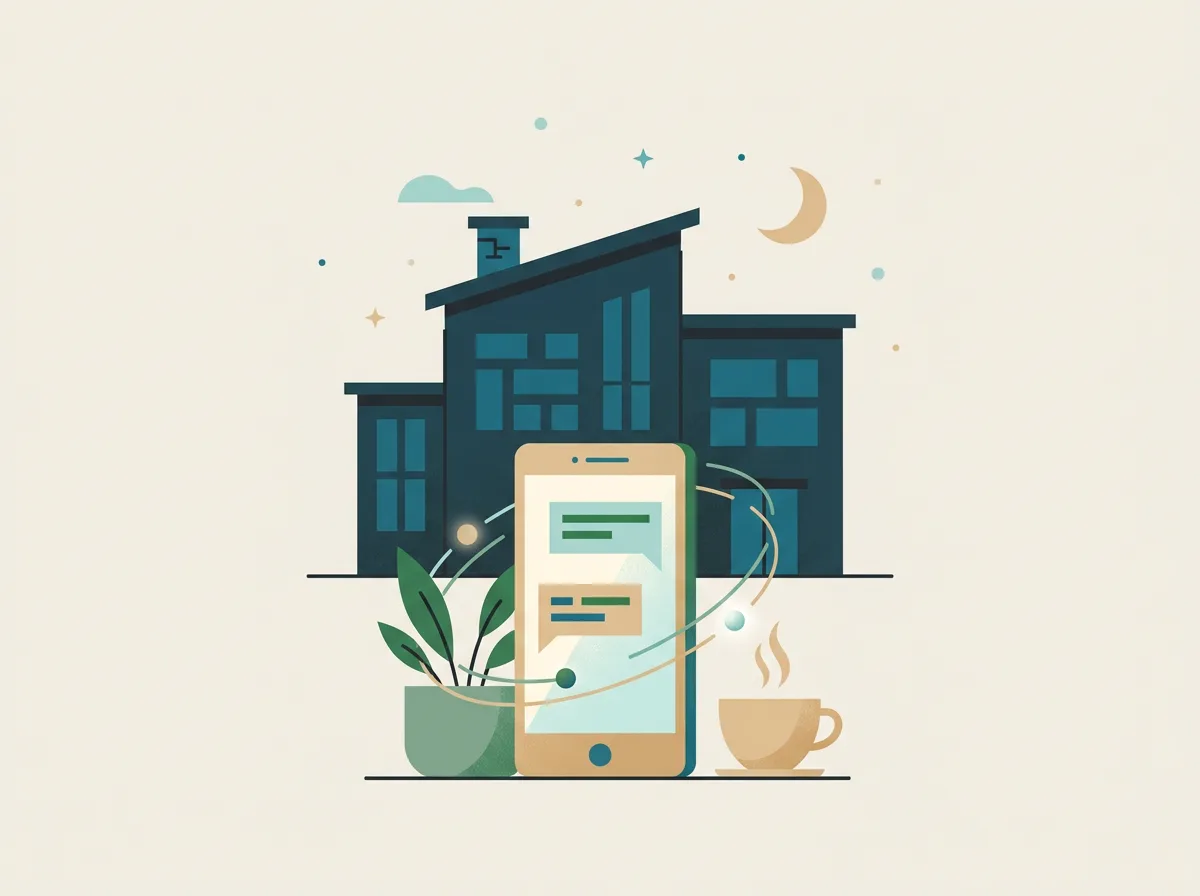 Ilustração de um escritório fechado à noite e um celular com mensagens sendo respondidas
