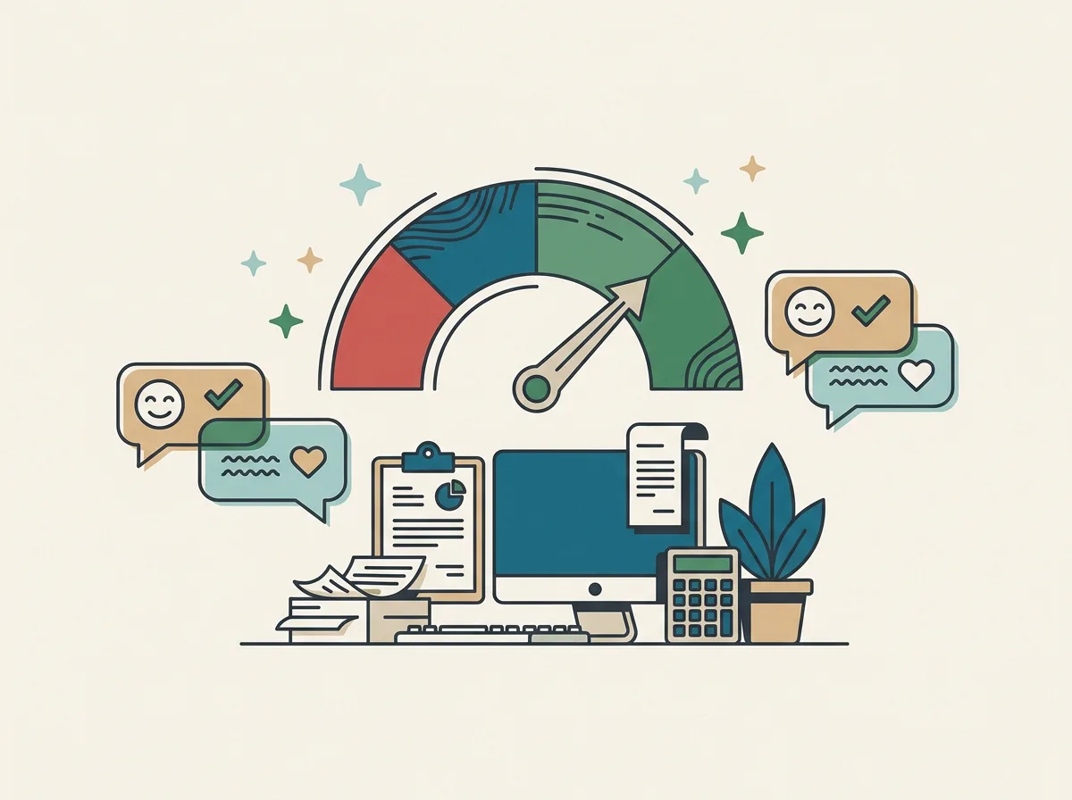 Ilustração de um medidor de satisfação com o ponteiro no verde