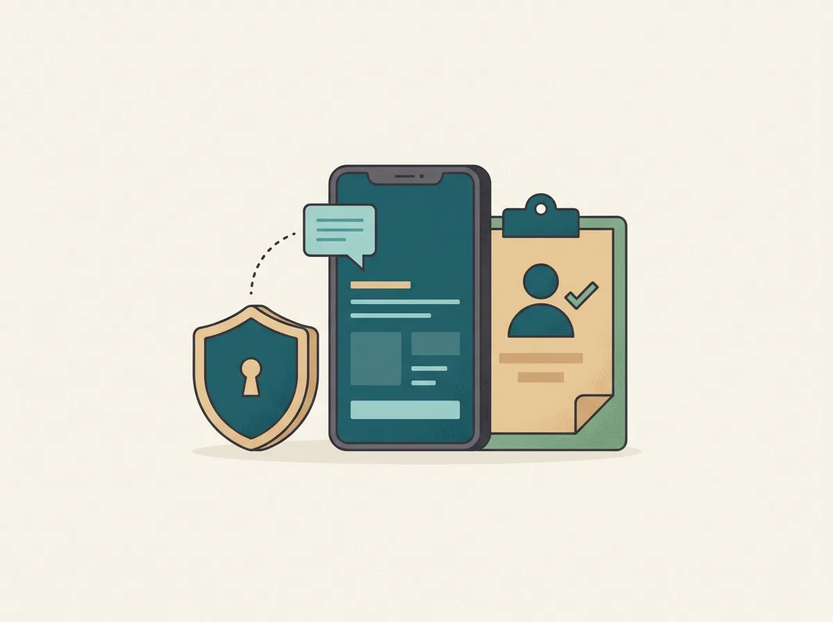 Ilustração de um celular diante de um escudo com fechadura e uma prancheta de verificação